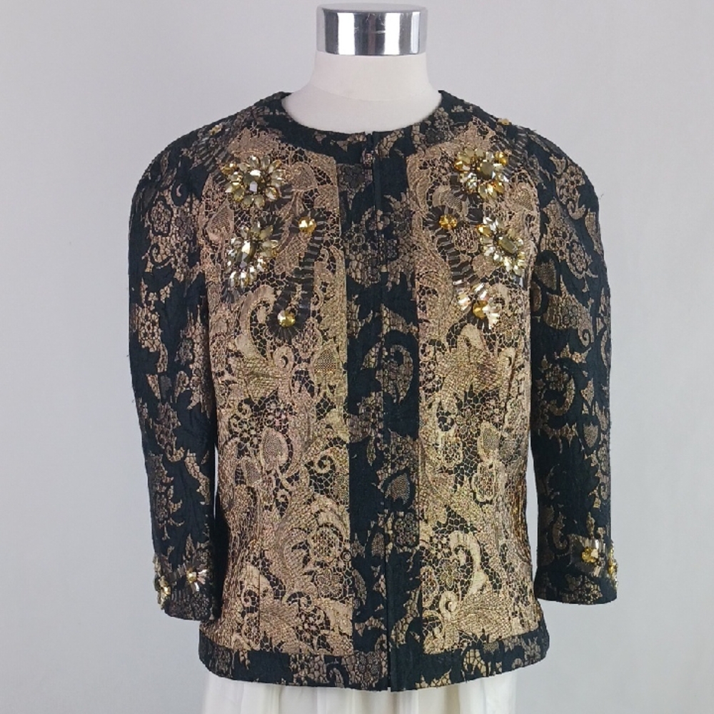 St. John Black and Gold Lace Zip W Beads Jacket.